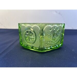 Vintage St. Vincent de Paul Green Pressed Glass Hexagon Patriotic Bowl